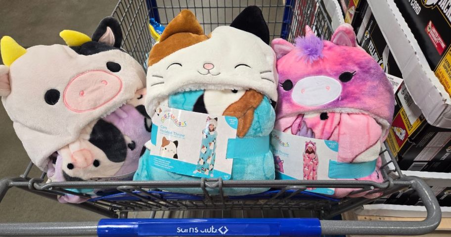 Squishmallow Hooded Throw Blankets in a cart at Sam's Club