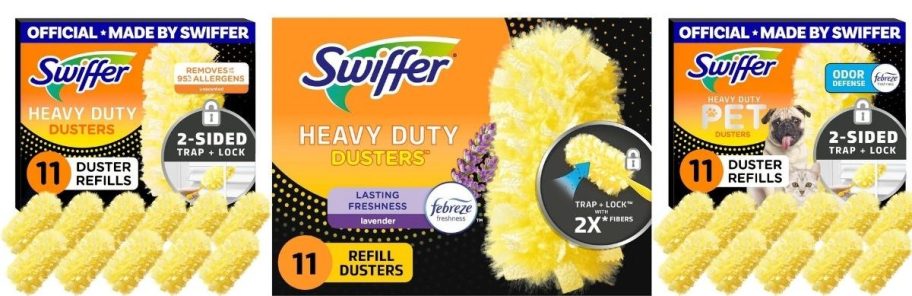 Three different kinds of swiffer dusters lined up next to each other