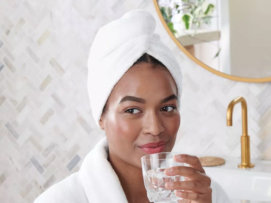 Threshold Spa Plush Hair Towel being worn by a woman