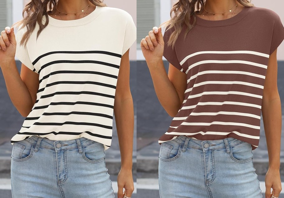 Woman wearing stripped top with cap shirt