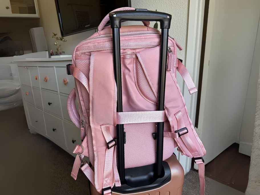 back of a large pink travel backpack on a suitcase in a room