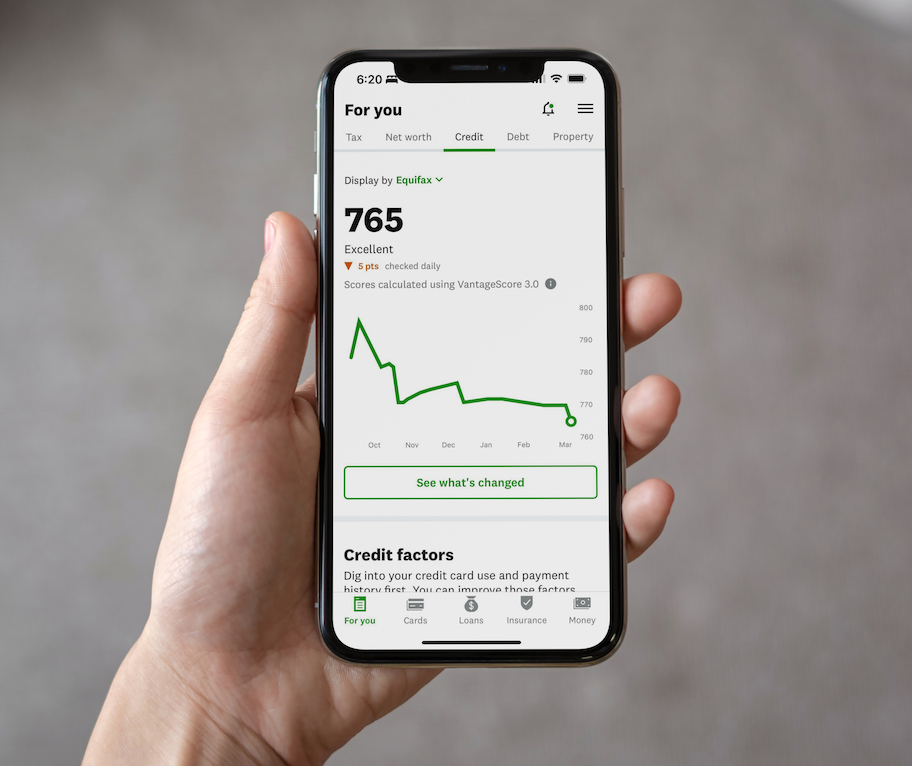 hand holding phone with credit karma credit score on screen