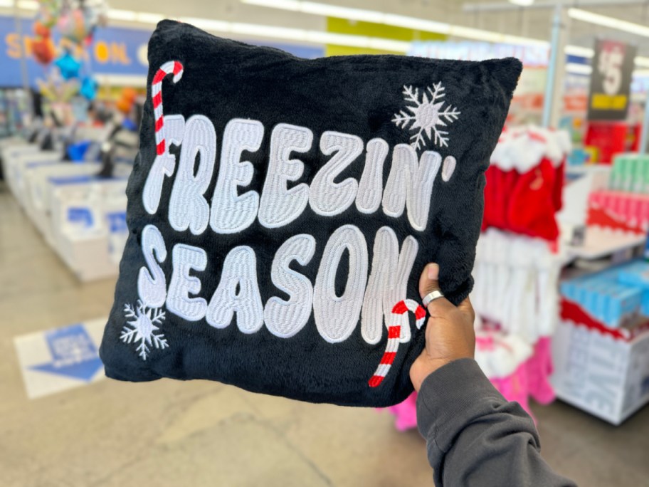 hand holding freezin season sequin throw pillow