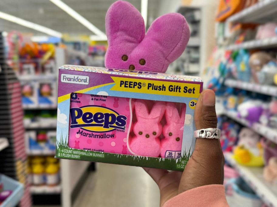 hand holding a pink Peeps Plush & Marshmallow Gift Set 