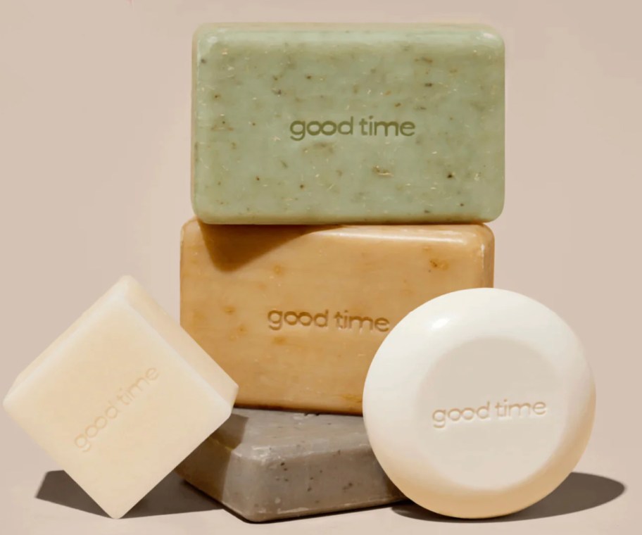 three body bars next to shampoo and conditioner bar