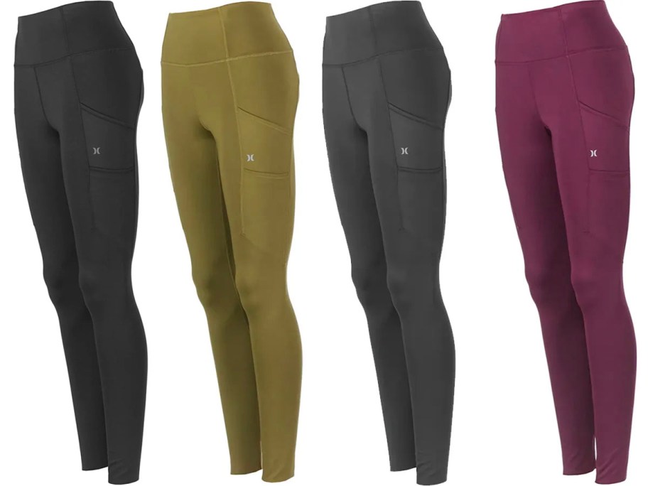black, green, gray, maroon hurley leggings in a row
