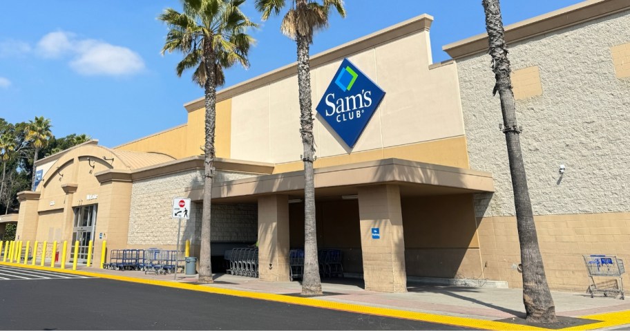 font of a Sam's Club with palm trees in front of the entrance