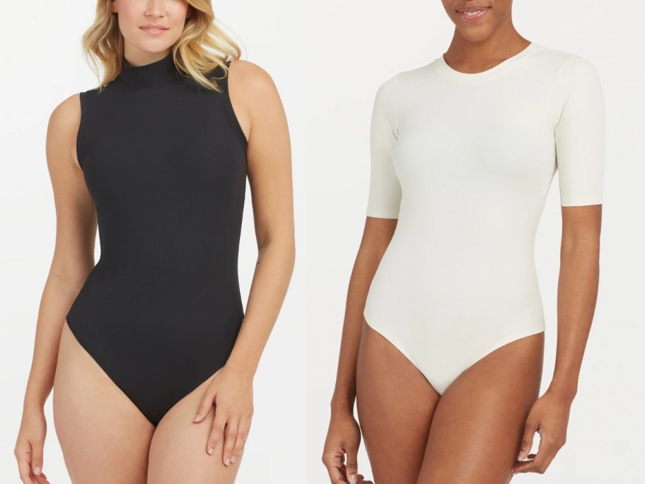 woman wearing black sleeveless bodysuit and woman wearing a white short sleeve bodysuit