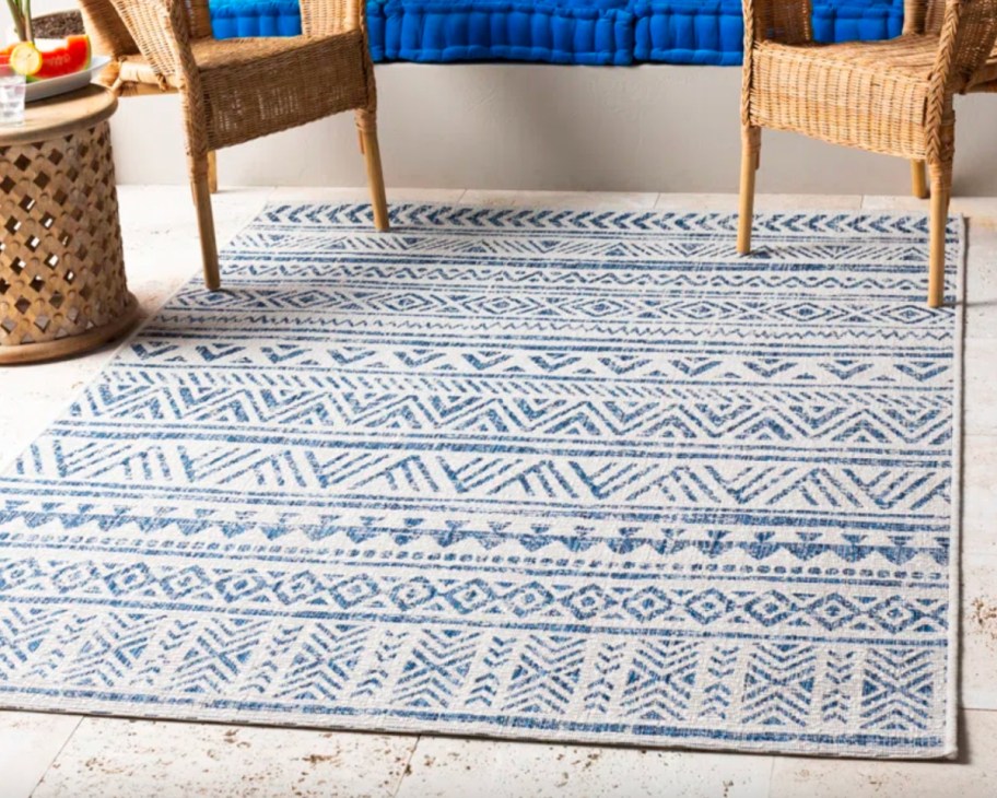 blue and white geometric rug