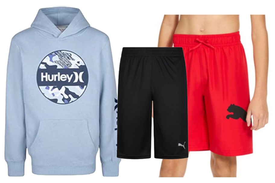 blue hoodie flower next to red shorts and black shorts