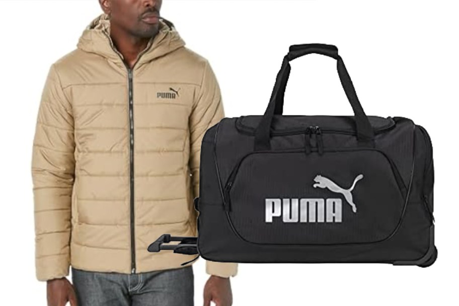 man in tan puffer jacket next to black duffel bag