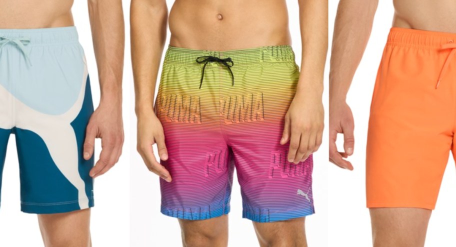 orange blue stripe and rainbow swim trunks