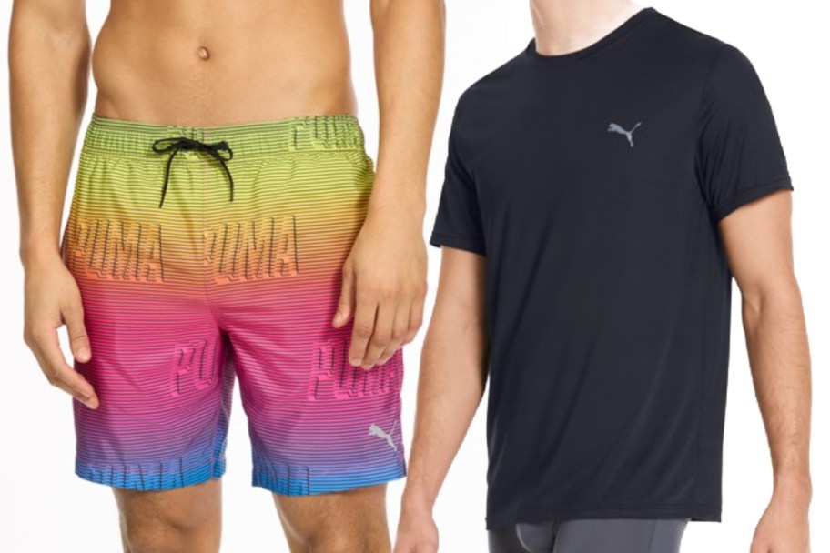 men in rainbow swim trunks and navy blue shirt
