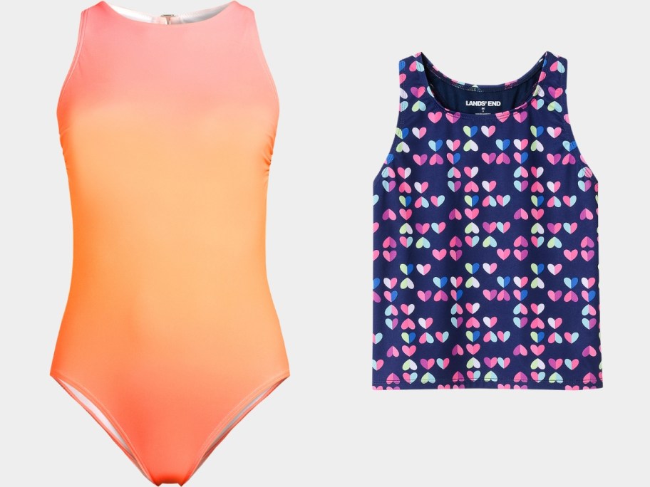 an orange pink one piece women's swimsuit and a girl's tankini top in blue with colorful hearts