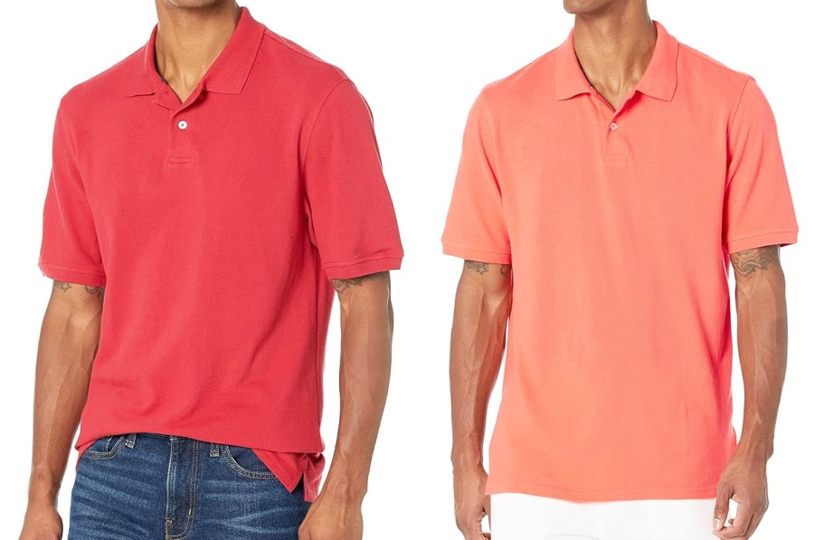 two men in red and orange polo shirts