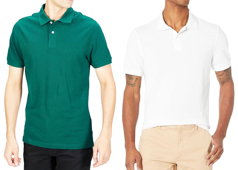 two men in green and white polo shirts