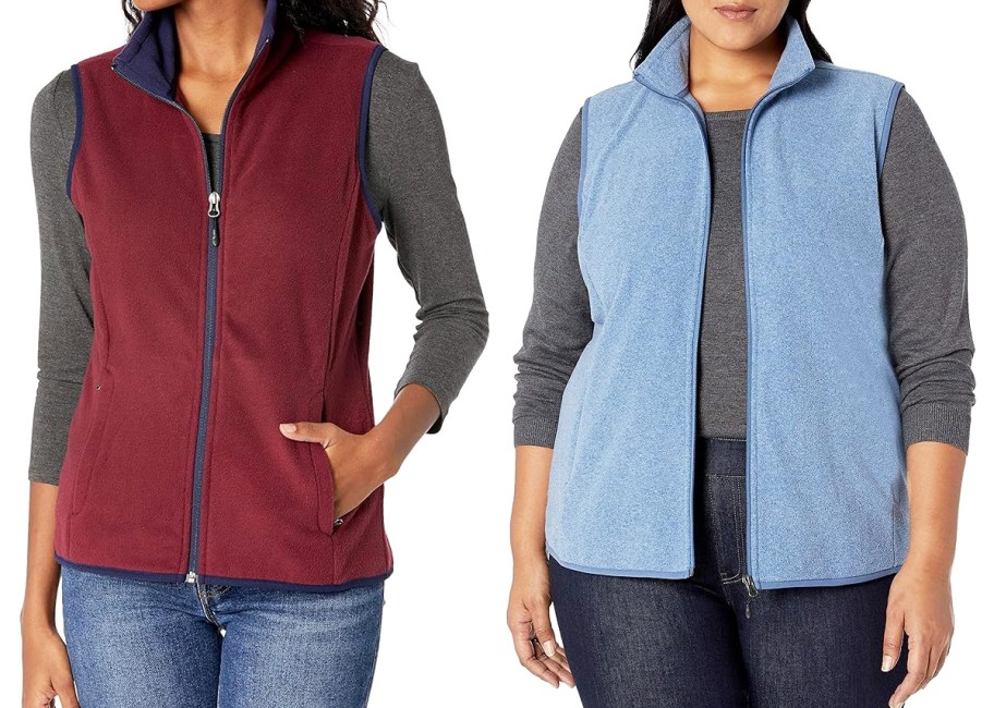 two women in burgundy and blue fleece vests