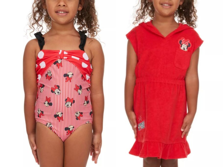 2 girls wearing Minnie Mouse swimsuits
