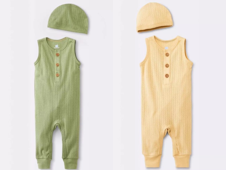 Cloud Island Baby Pointelle Romper w/ Hat in Green or Yellow