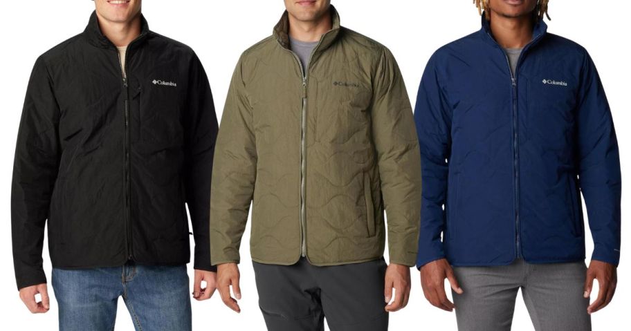 three men wearing Columbia Men's Birchwood Jackets