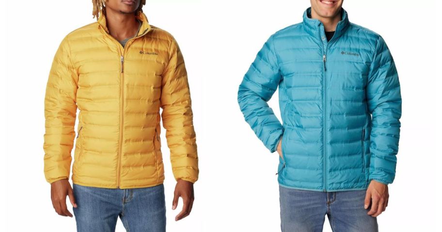 two men wearing Columbia Men's Lake 22 Down Jackets