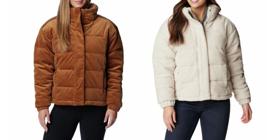 two women wearing Columbia Women's Ruby Falls Novelty Puffer Jackets