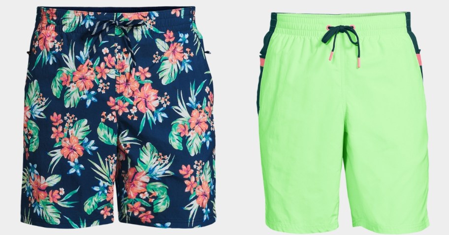 men's floral print swim trunks and bright yellow swim trunks