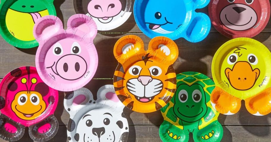 Hefty Zoo Pals Party Edition Paper Plates for Kids, Assorted Animal Designs, 7.75 Inches with Two Dipping Compartments, 20 Count on table