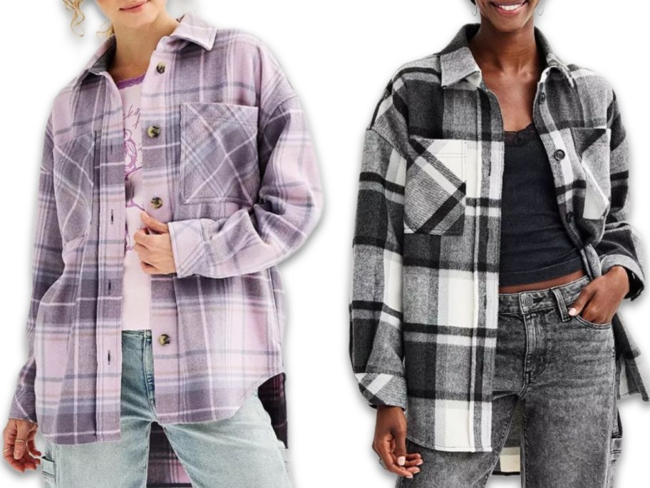 Stock image of two teen girls wearing SO Junior's Plaid Oversized Button-Up Shackets