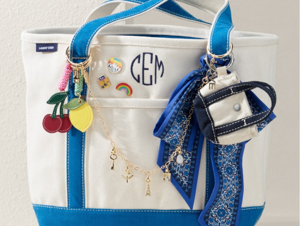 Blue and white land and tote with accessories