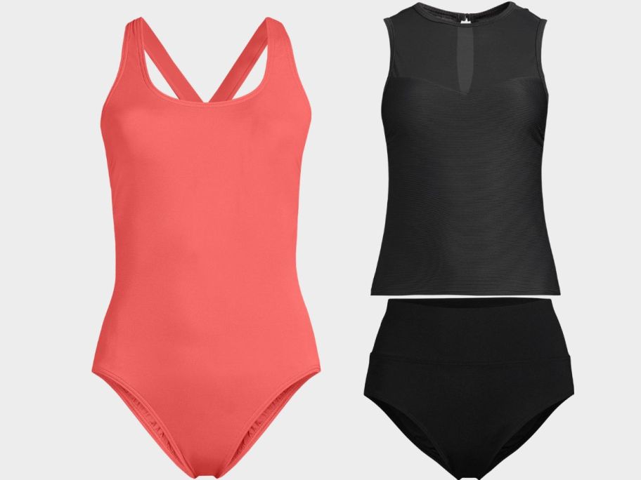 a one piece swim suit and a two piece tankini swim suit