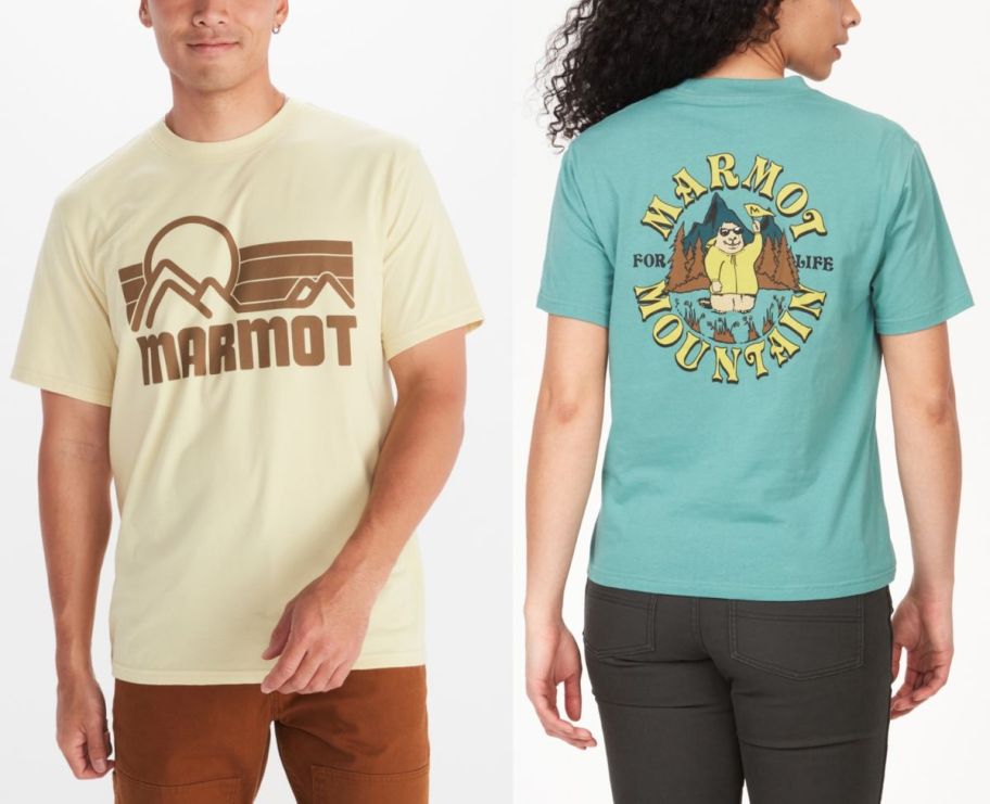a male model and female model wearing short sleeve graphic tees
