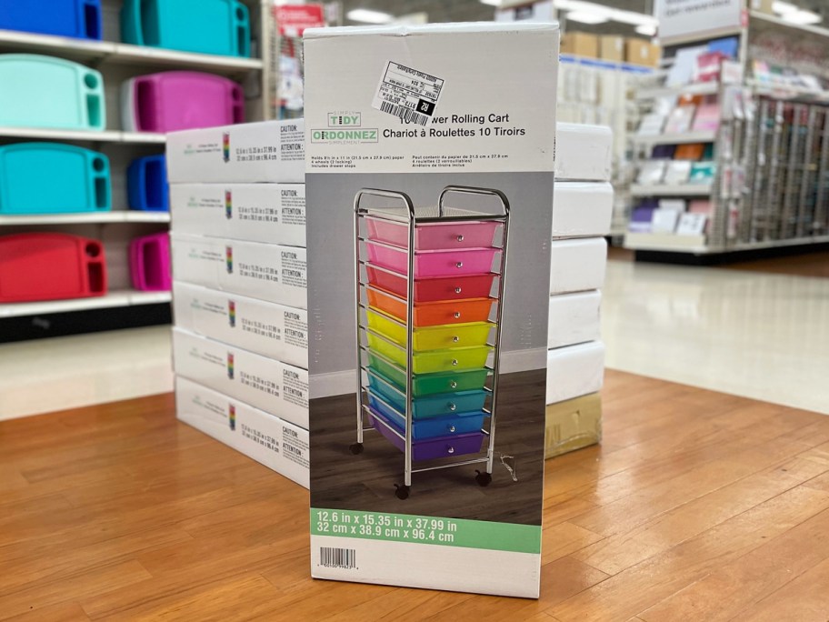 box for a rolling storage cart with rainbow colored drawers in store