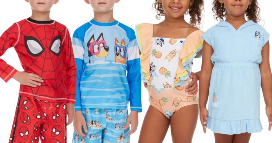 Kids wearing character swimsuits
