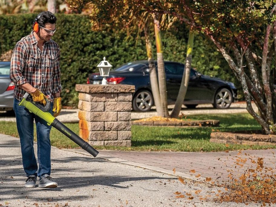 manusing a Sun Joe blower to blow leaves off the edge of his yard