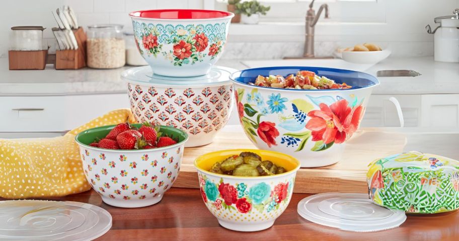 The Pioneer Woman Melamine Mixing Bowl 10-Piece Set in Spring Bouquet in kitchen