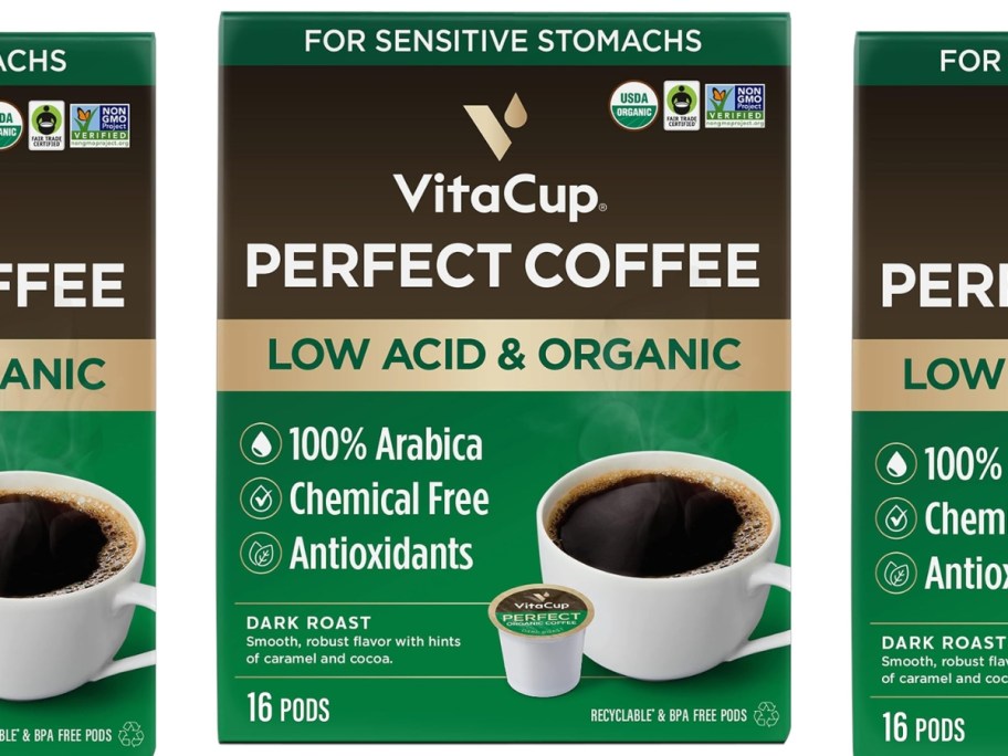 boxes of VitaCup Perfect Low Acid Coffee Pods