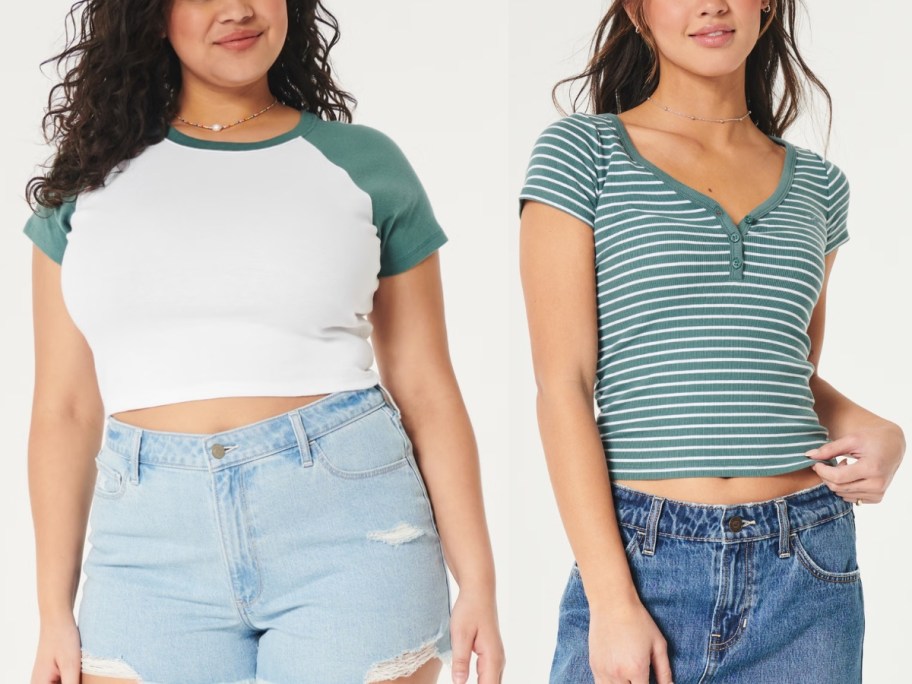 woman wearing a white and green baseball style crop t-shirt and woman wearing a green striped vneck henley top button tshirt