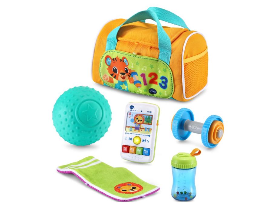 A child's pretend exercise toy set with a bag, ball, dumbbell, and more. 