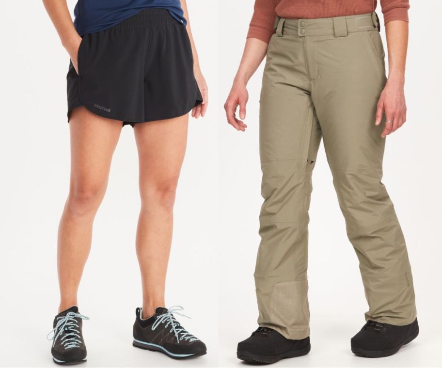 two female models - one wearing shorts the other is wearing goretex pants
