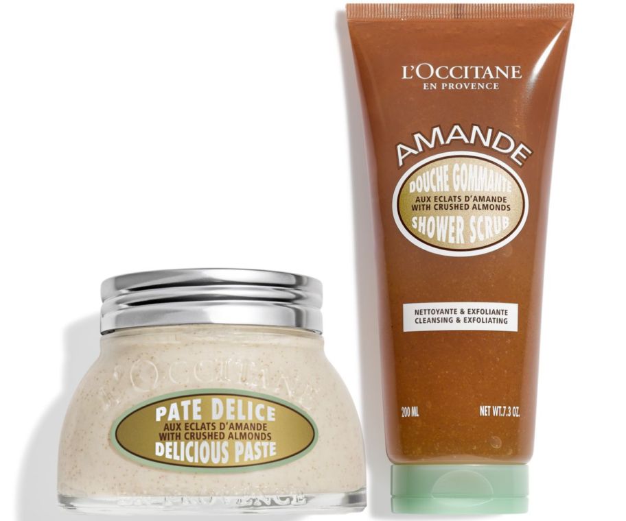 a jar and a tube of almond body scrub