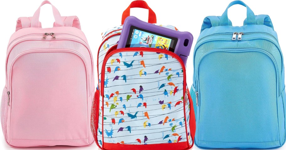 pink, birds, and blue amazon backpacks stock images