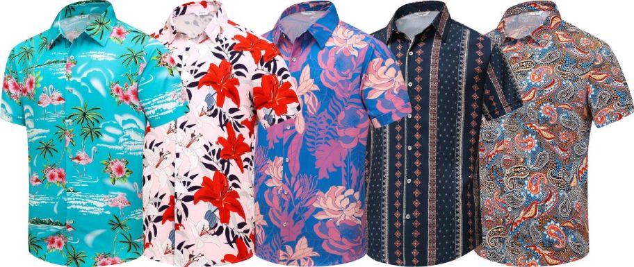 five patterns of hawaiian shirts on white background