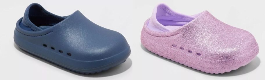 a navy blue and a sparkly purple Cat & Jack Toddler Rowan Slip-On Water Shoe stock image