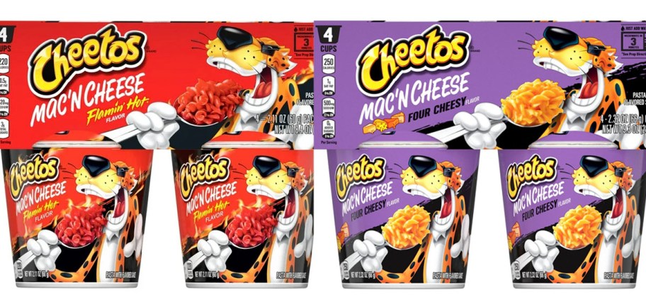 stock image of cheetos flamin hot and four cheesy 4 count mac and cheese packs