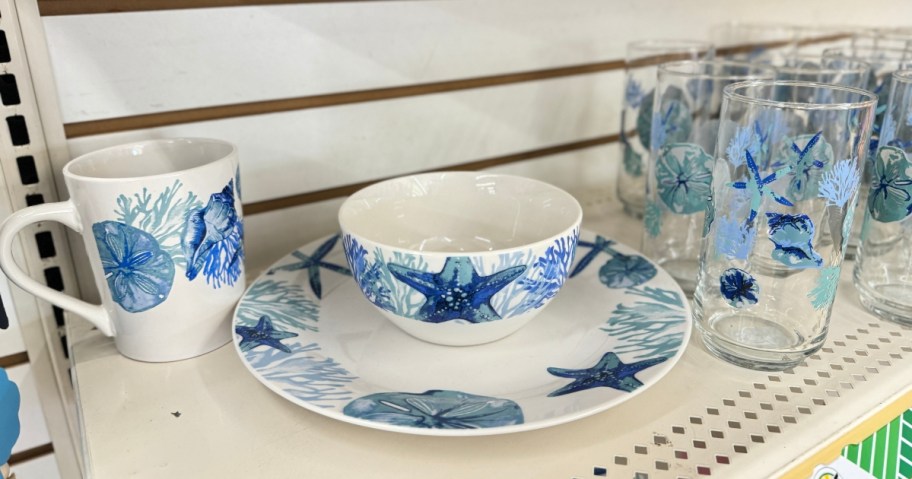 coffee mug, dinner plate, bowl and glass tumbler with blue beach coral and starfishes