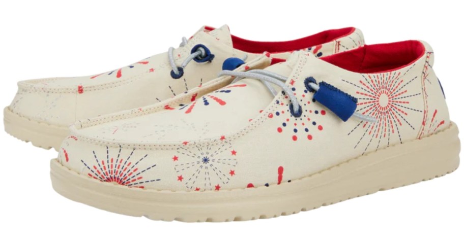 women's HEYDUDE shoes in off white with firecrackers