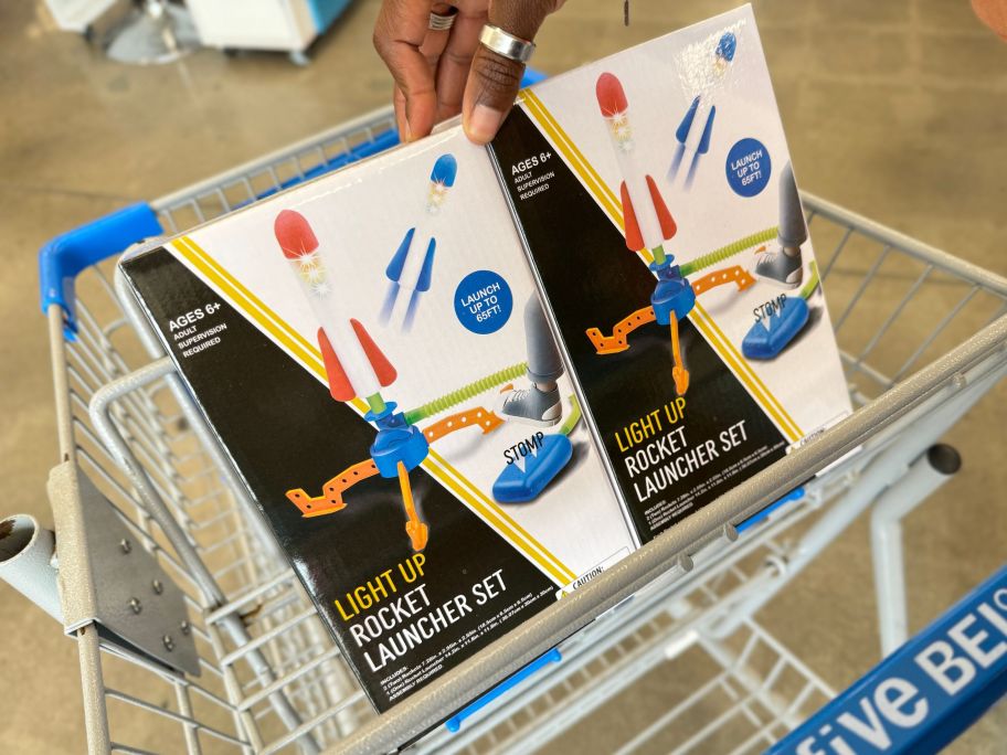 2 light up rocket launchers in a five below shopping cart