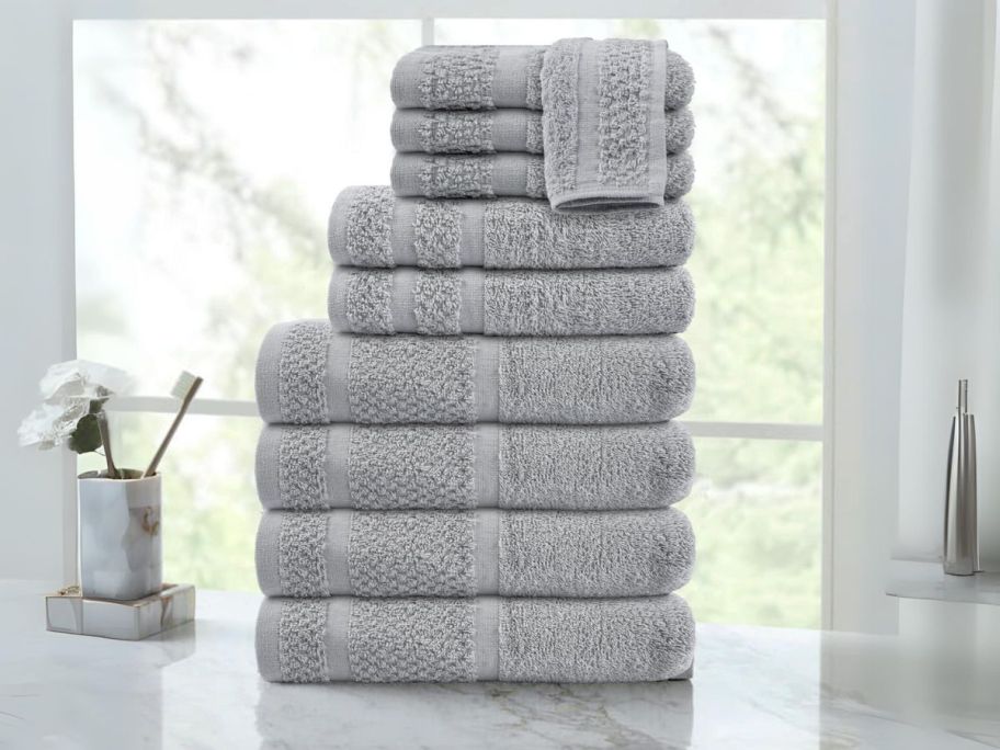 Mainstays 10-Piece Towel Set w/ Upgraded Softness & Durability in Grey on counter