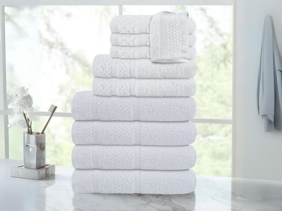 Mainstays 10-Piece Towel Set w/ Upgraded Softness & Durability in White on counter